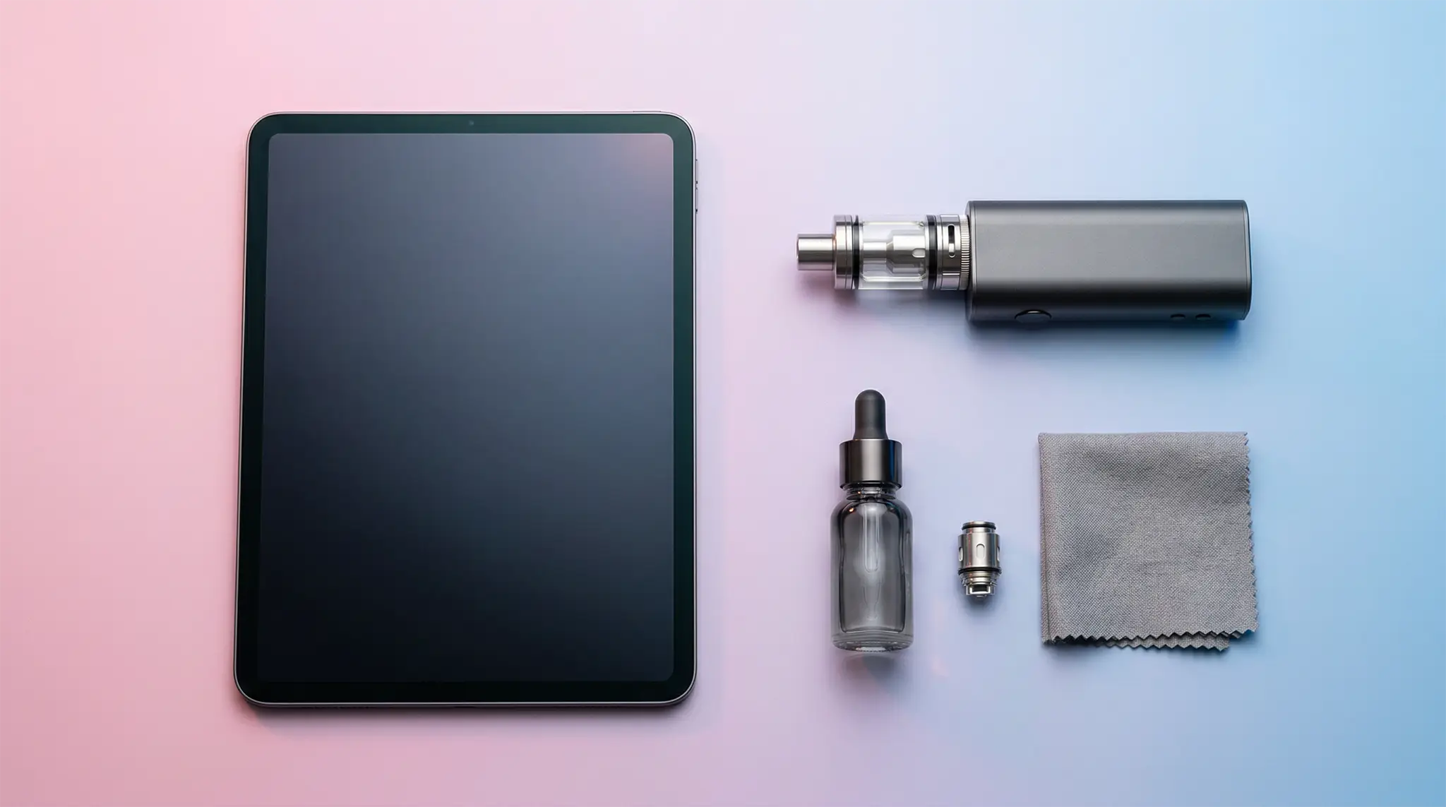 Vape, Liquid, Tablet und Tuch