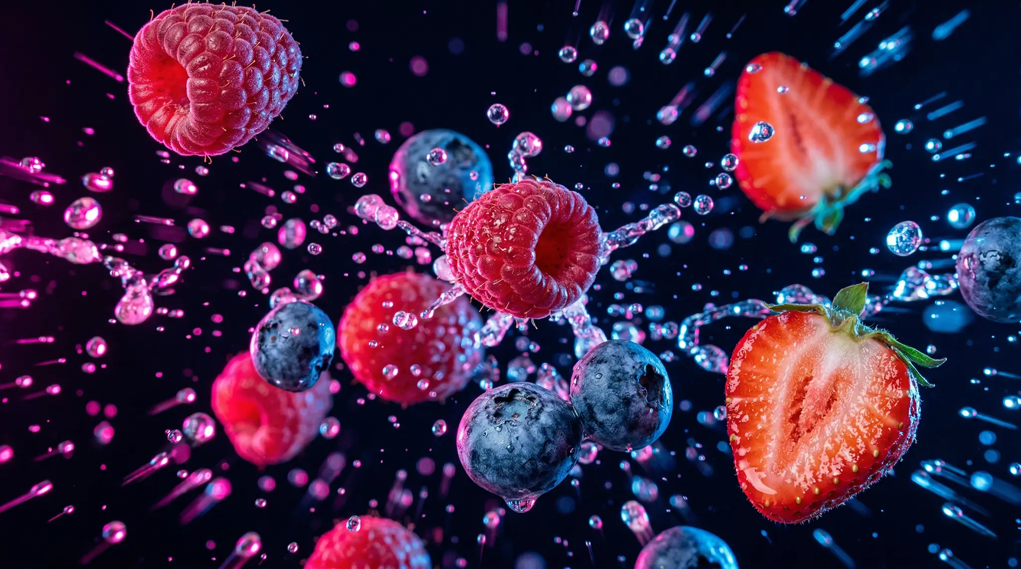 Erdbeeren, Himbeeren und Johannisbeeren mit Wassertropfen